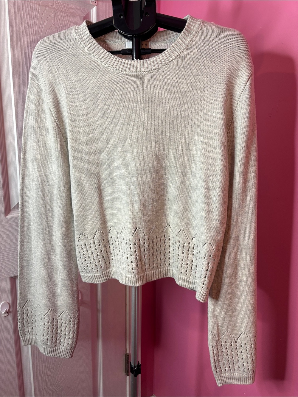 NWT HYFVE Cream Pointelle Knit Crewneck Sweater Size L Long Sleeve
